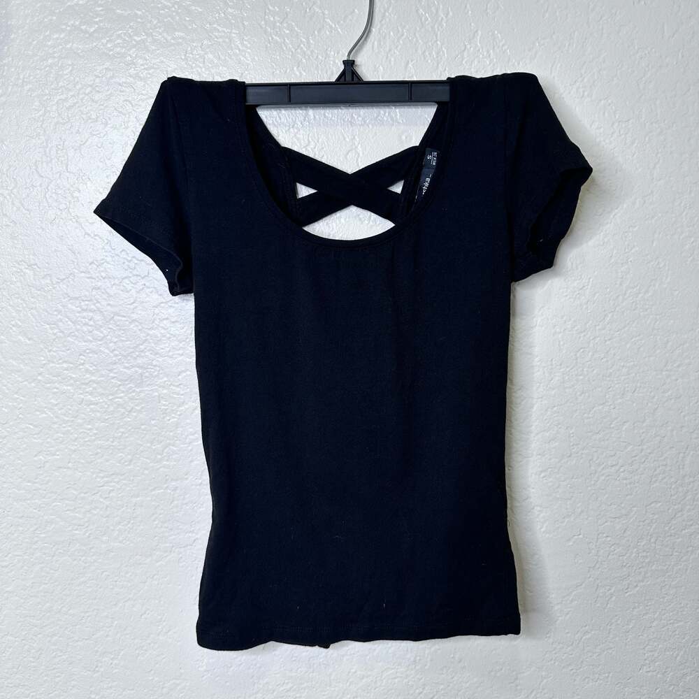 Bershka Black Short Sleeve Scoop Neck T-Shirt Criss-Cross Strappy Back Size S
